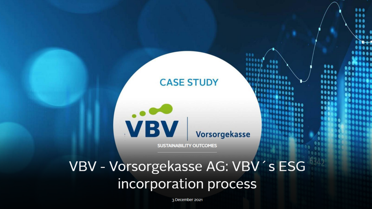 „Titelseite einer Fallstudie der VBV-Vorsorgekasse zum ESG-Integrationsprozess, mit VBV-Logo im Vordergrund und abstrakter blauer Finanzdaten-Grafik im Hintergrund.“