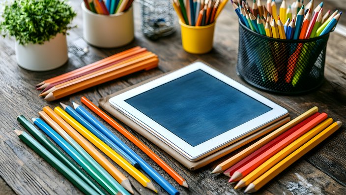 Buntstifte neben Tablet Das Bild zeigt ein Tablet umringt von farbenfrohen Buntstiften.