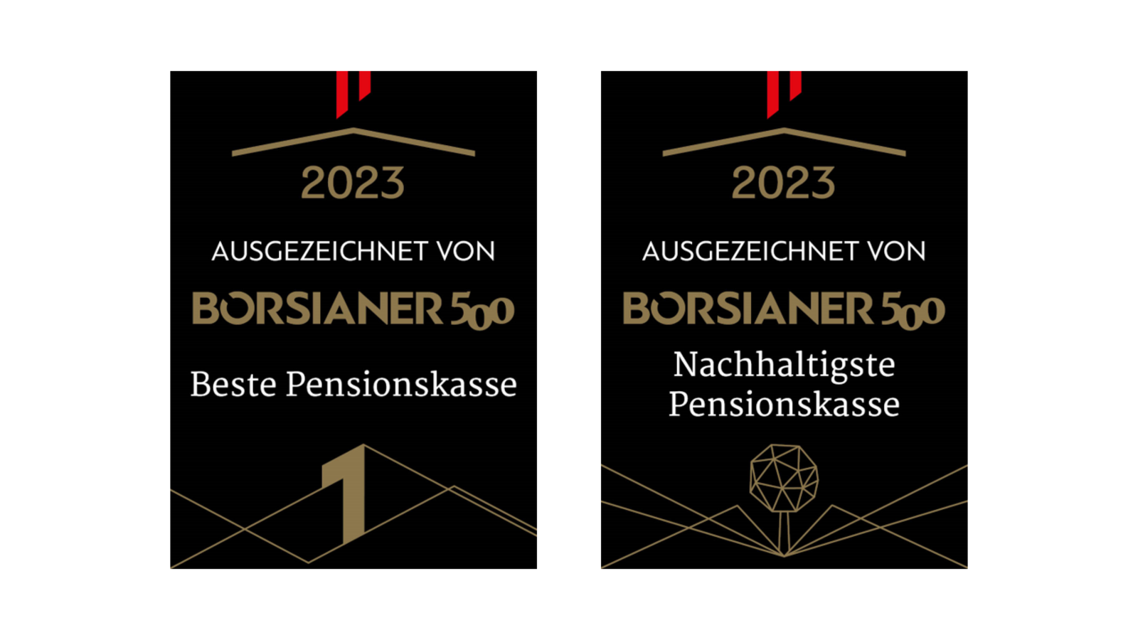Das Bild zeigt die Siegel von Börsianer mit denen die VBV-Pensionskasse als beste und nachhaltigste Pensionskasse ausgezeichnet wurde.