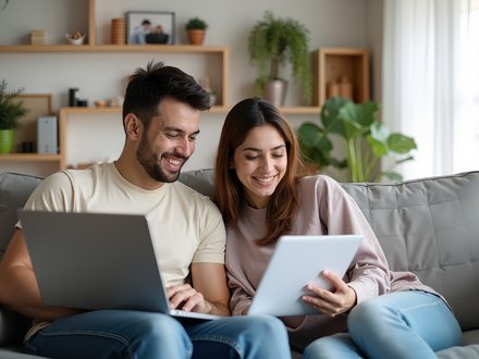 Ein junges Paar sitzt gemeinsam auf einem Sofa, schaut lächelnd auf ein Tablet und arbeitet mit Laptop und Tablet im gemütlichen Wohnzimmer.