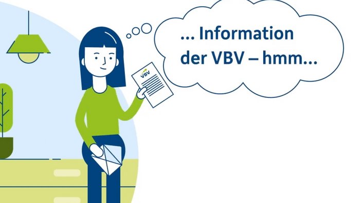 Eine im cartoon-Stil dargestellte Frau erhält einen Brief der VBV und fragt sich was der Unterschied zwischen Vorsorgekassen und Pensionskassen ist.