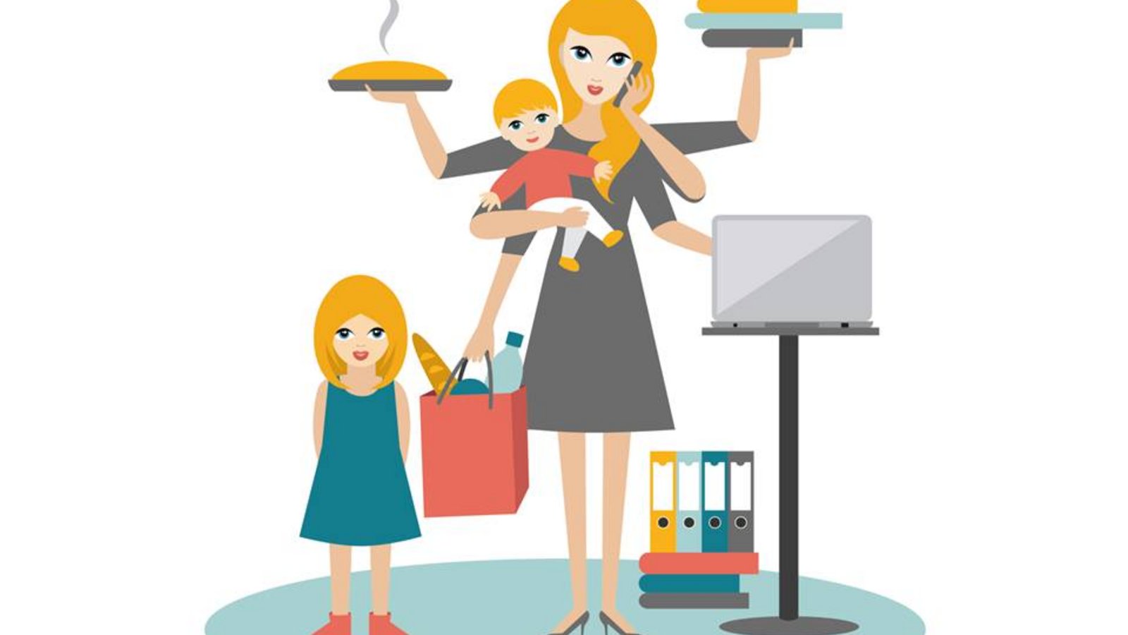 Es ist eine gezeichnete Frau dargestellt, die mehrere Arme hat, um all ihre Aufgaben - von Job, bis Kinderbetreuung - zu erledigen