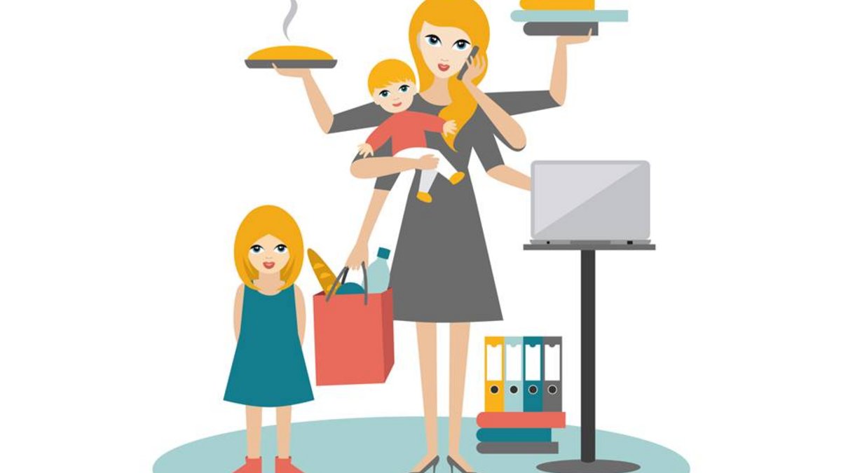 Es ist eine gezeichnete Frau dargestellt, die mehrere Arme hat, um all ihre Aufgaben - von Job, bis Kinderbetreuung - zu erledigen