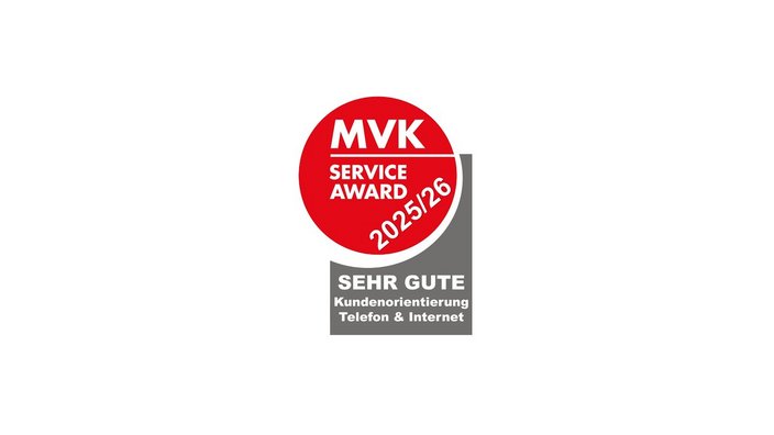 Das Bild zeigt das Siegel des MVK Service Award 2025/26 mit dem die VBV-Vorsorgekasse ausgezeichnet wurde. 
