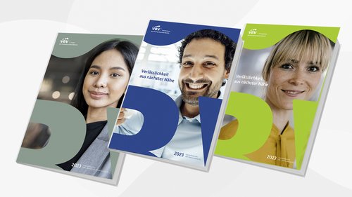 Drei Geschäftsberichte aus 2023. Titelseiten als Bookdummy