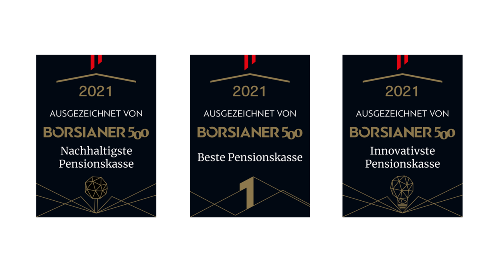 Das Bild zeigt die drei Siegel vom Börsianer mit denen die VBV-Pensionskasse als beste, nachhaltigste und innovativste Pensionskasse ausgezeichnet wurde.