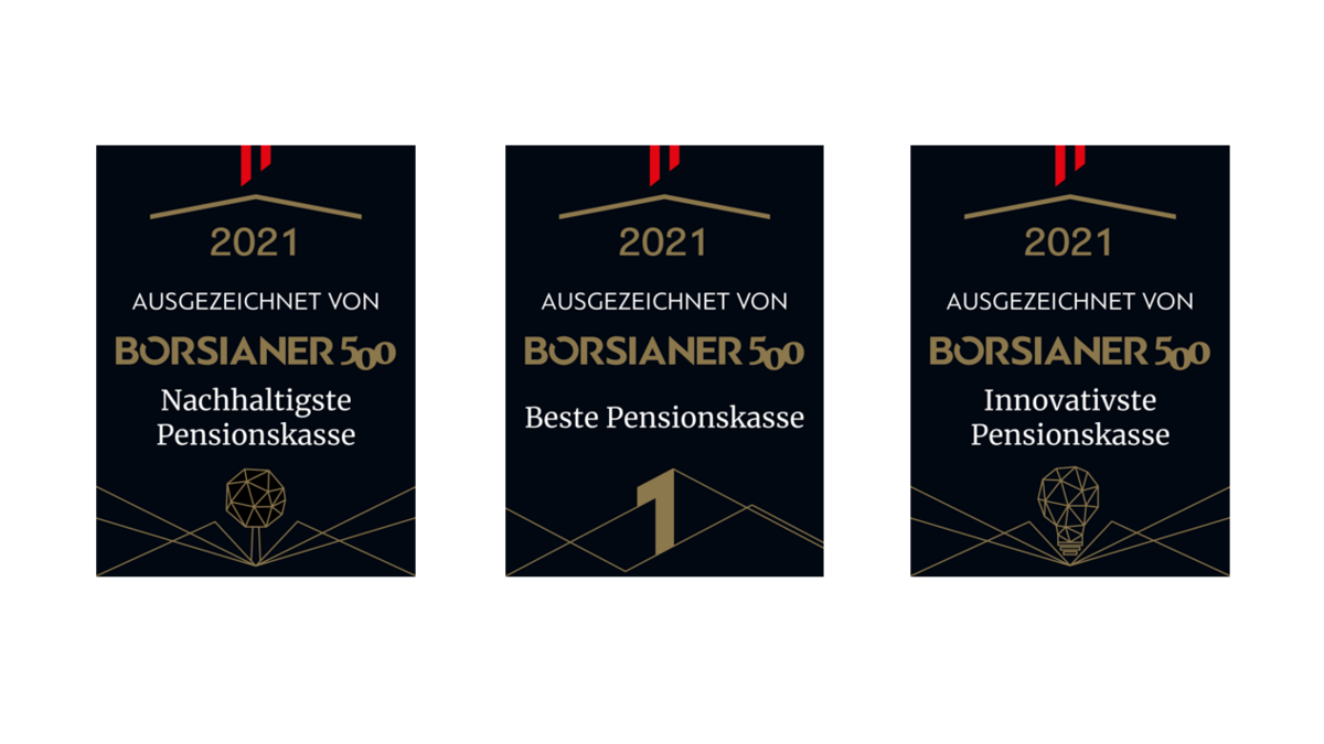 Das Bild zeigt die drei Siegel vom Börsianer mit denen die VBV-Pensionskasse als beste, nachhaltigste und innovativste Pensionskasse ausgezeichnet wurde.