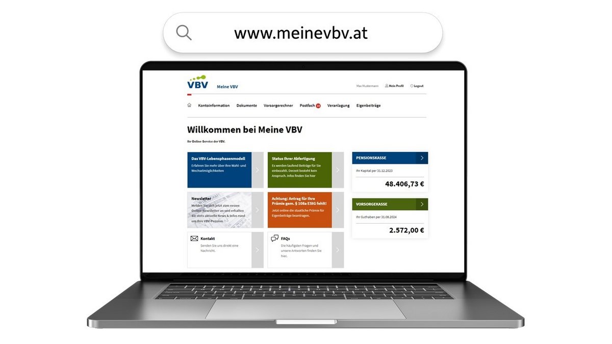 Man sieht einen Laptop, darauf zu sehen ist das Dashboard von Meine VBV.