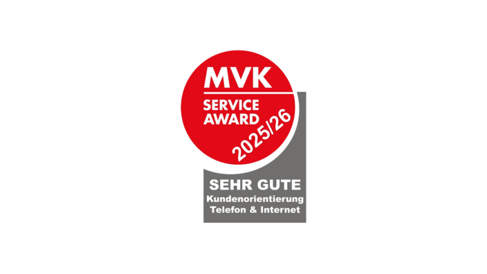 Das Bild zeigt das Siegel des MVK Service Award 2025/26 mit dem die VBV-Vorsorgekasse ausgezeichnet wurde. 