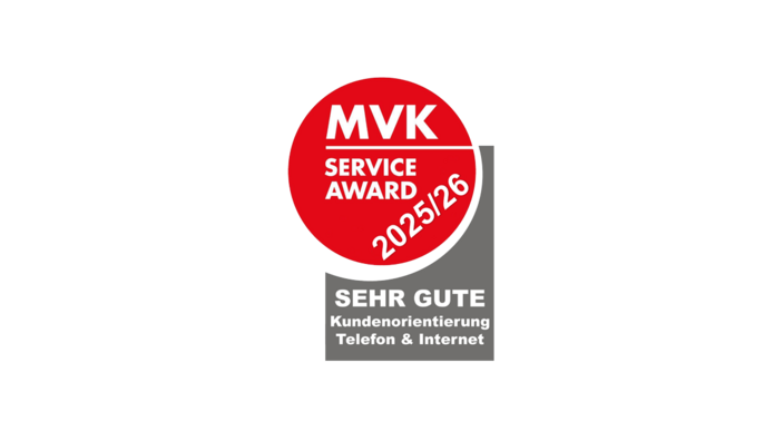 Das Bild zeigt das Siegel des MVK Service Award 2025/26 mit dem die VBV-Vorsorgekasse ausgezeichnet wurde. 