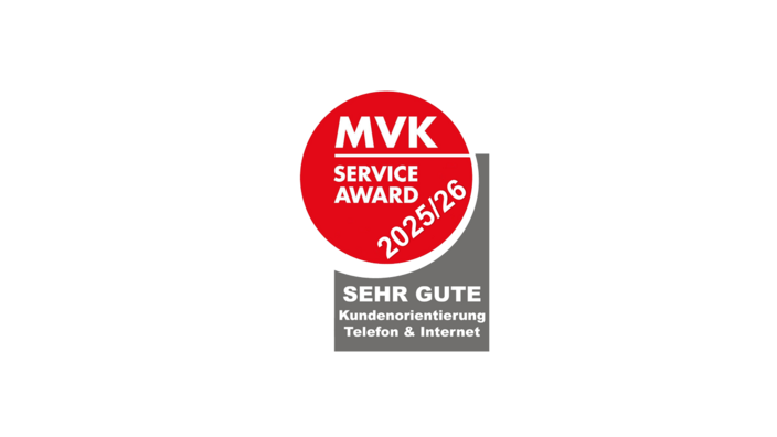 Das Bild zeigt das Siegel des MVK Service Award 2025/26 mit dem die VBV-Vorsorgekasse ausgezeichnet wurde. 