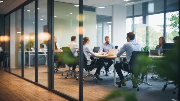 Besprechung im modernen Konferenzraum Das Bild zeigt sieben Personen in einem von einer Glaswand getrennten Besprechungszimmer an einem Konferenztisch sitzend.