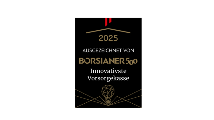 Das Bild zeigt das Siegel von Börsianer mit dem die VBV-Vorsorgekasse als innovativste Vorsorgekasse Österreichs 2025 ausgezeichnet wurde.