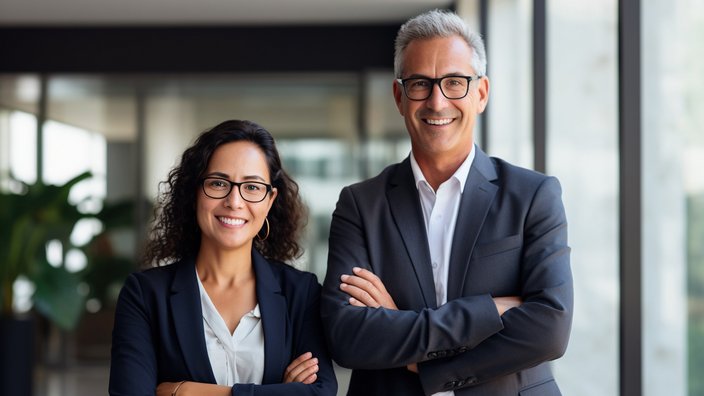 Geschäftsführer:innen Zwei Geschäftspersonen, eine Frau und ein Mann, stehen nebeneinander in einem modernen Bürogebäude mit großen Fenstern. Beide tragen Businesskleidung, lächeln freundlich und haben die Arme verschränkt. Im Hintergrund sind Pflanzen und eine helle, professionelle Umgebung zu sehen.
