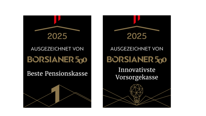 Das Bild zeigt die Siegel von Börsianer mit den Auszeichnungen der VBV als beste Pensionskasse 2025 und als innovativste Vorsorgekasse 2025.