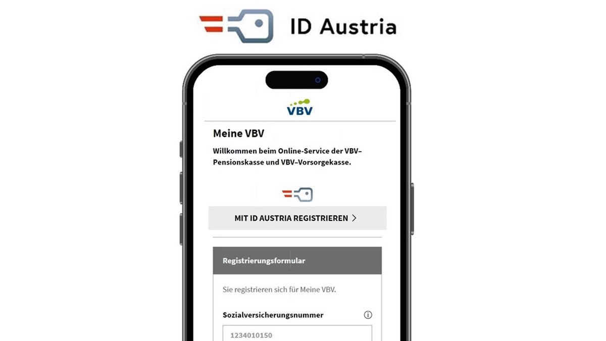 Zu sehen ist ein Smartphone mit dem Login zum Onlineservice Meine VBV. Man kann sich jetzt auch ganz einfach mit ID Austria anmelden.