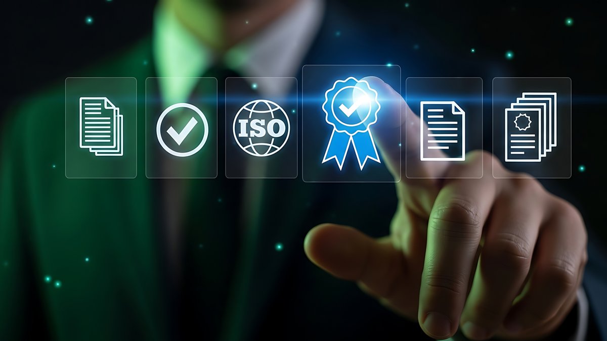 Sicherheit, Qualität und Zertifizierung Das Bild zeigt eine männliche Hand die auf virtuelle Symbole im Vordergrund zeigt.
