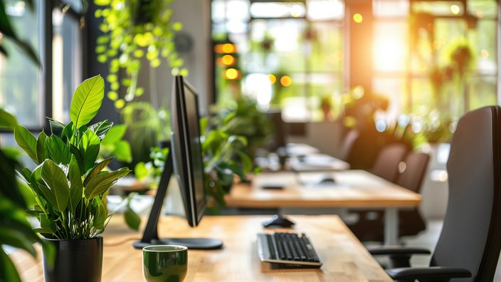 Grüner Arbeitsplatz Das Bild zeigt mehrere Arbeitsplätze bestehend aus Tisch, Sessel, Bildschirm, Tastatur und Computermaus sowie zahlreiche Pflanzen.