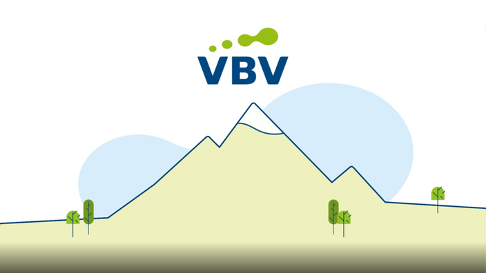 Das Bild zeigt eine gezeichnete Berglandschaft. Über der Bergspitze ist das Logo der VBV zu sehen. 