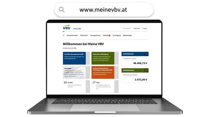 Das Onlineservice Meine VBV wird auf einem Laptop dargestellt.