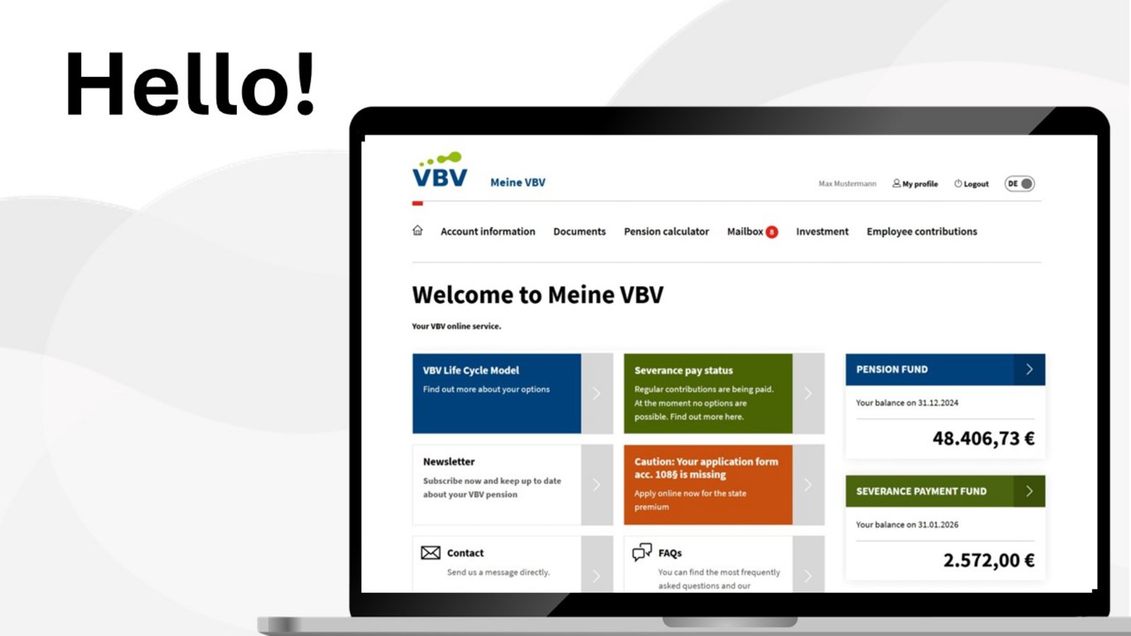 Man sieht einen Laptop, darauf zu sehen ist das Dashboard von Meine VBV in englischer Sprache