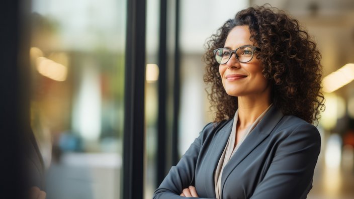 Businessfrau sieht lächelnd aus dem Fenster. 