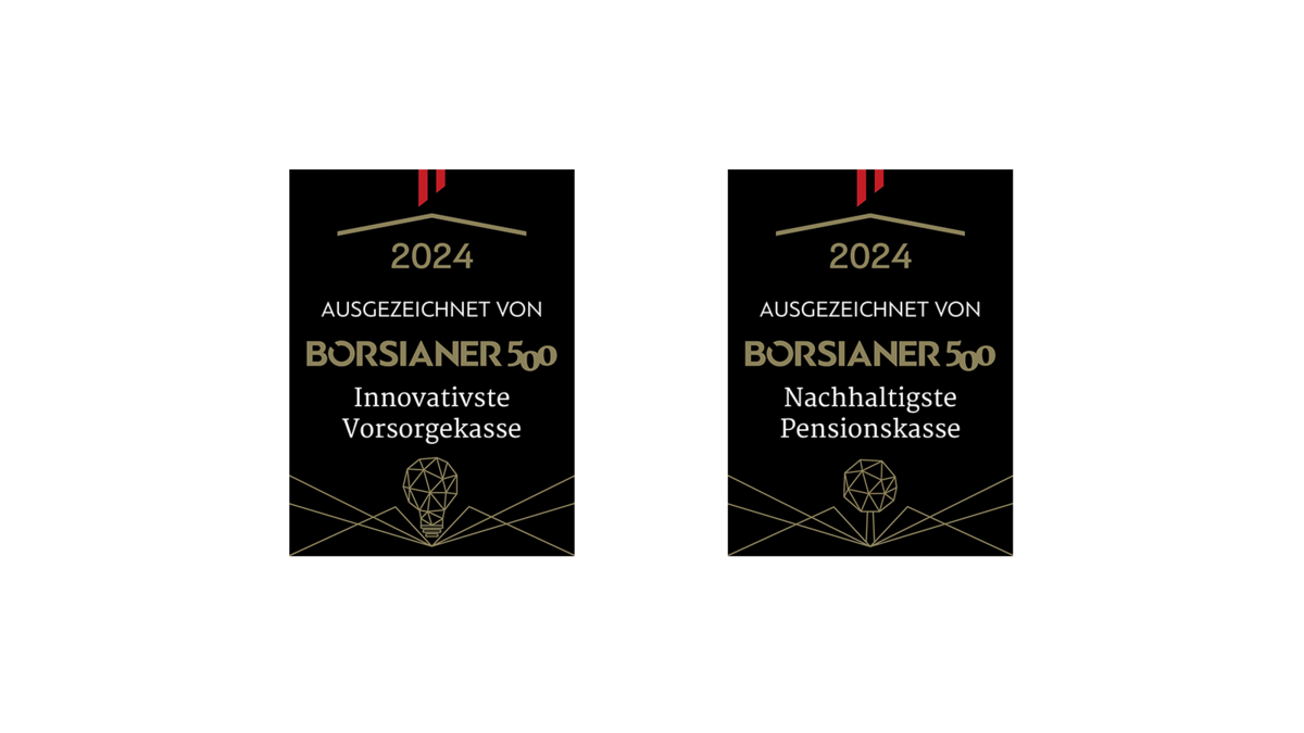 Das Bild zeigt die Siegel von Börsianer mit den Auszeichnungen der VBV als nachhaltigste Pensionskasse und als innovativste Vorsorgekasse.