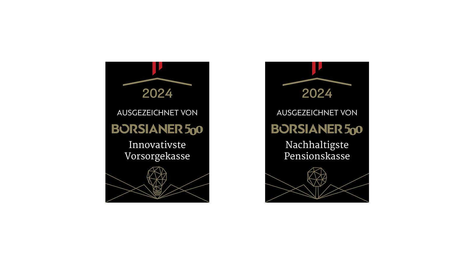 Das Bild zeigt die Siegel von Börsianer mit den Auszeichnungen der VBV als nachhaltigste Pensionskasse und als innovativste Vorsorgekasse.