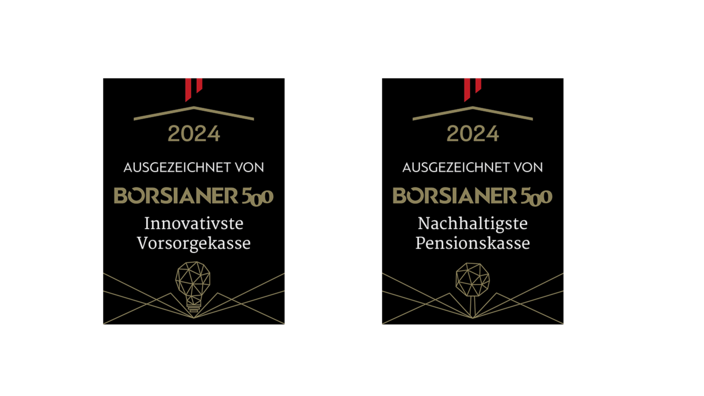 Das Bild zeigt die Siegel von Börsianer mit den Auszeichnungen der VBV als nachhaltigste Pensionskasse und als innovativste Vorsorgekasse.