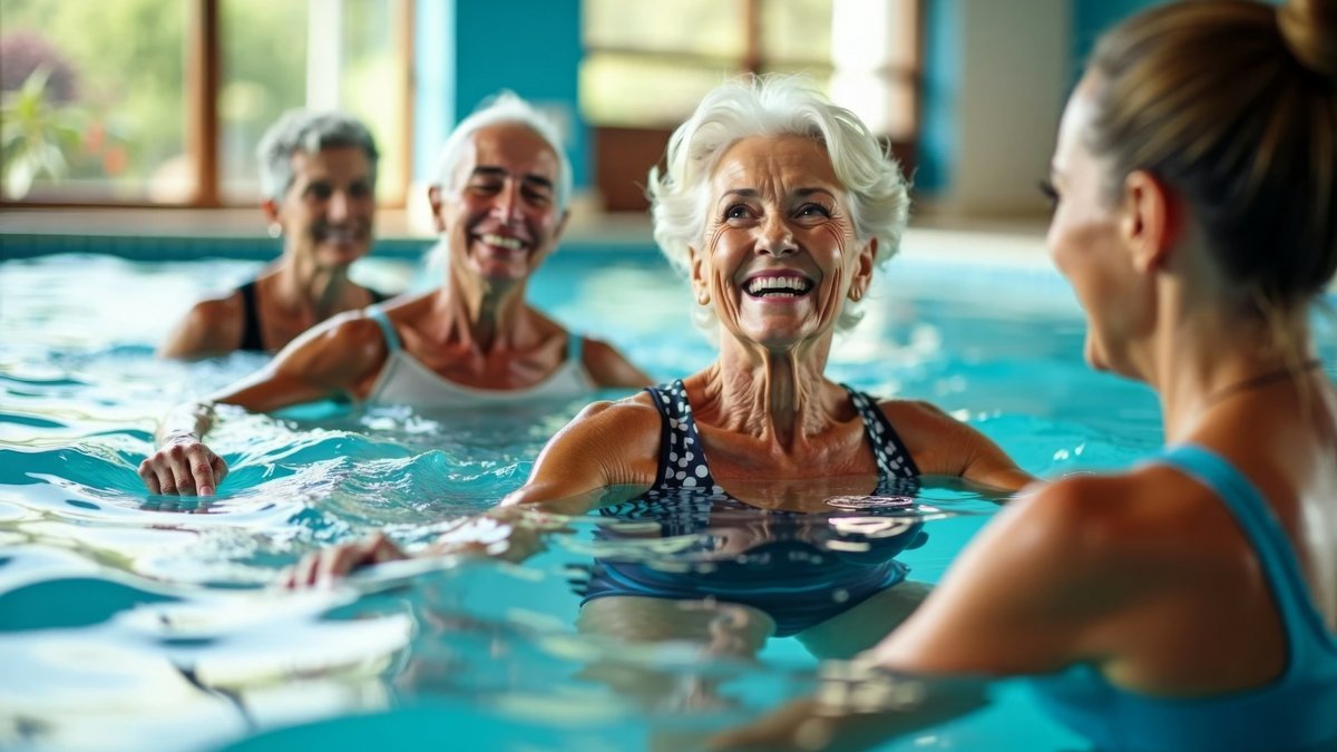 Das Bild zeigt drei Pensionist:innen gemeinsam mit einer jungen Trainerin beim Wassergymnastik.