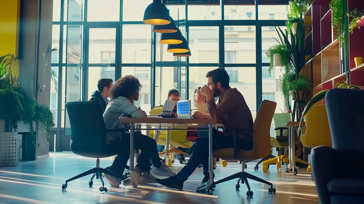 Moderne, lichtdurchflutete Büroräumlichkeit mit großen Fenstern und viel Grün. Mehrere Personen sitzen an einem Tisch und arbeiten gemeinsam an Laptops. 